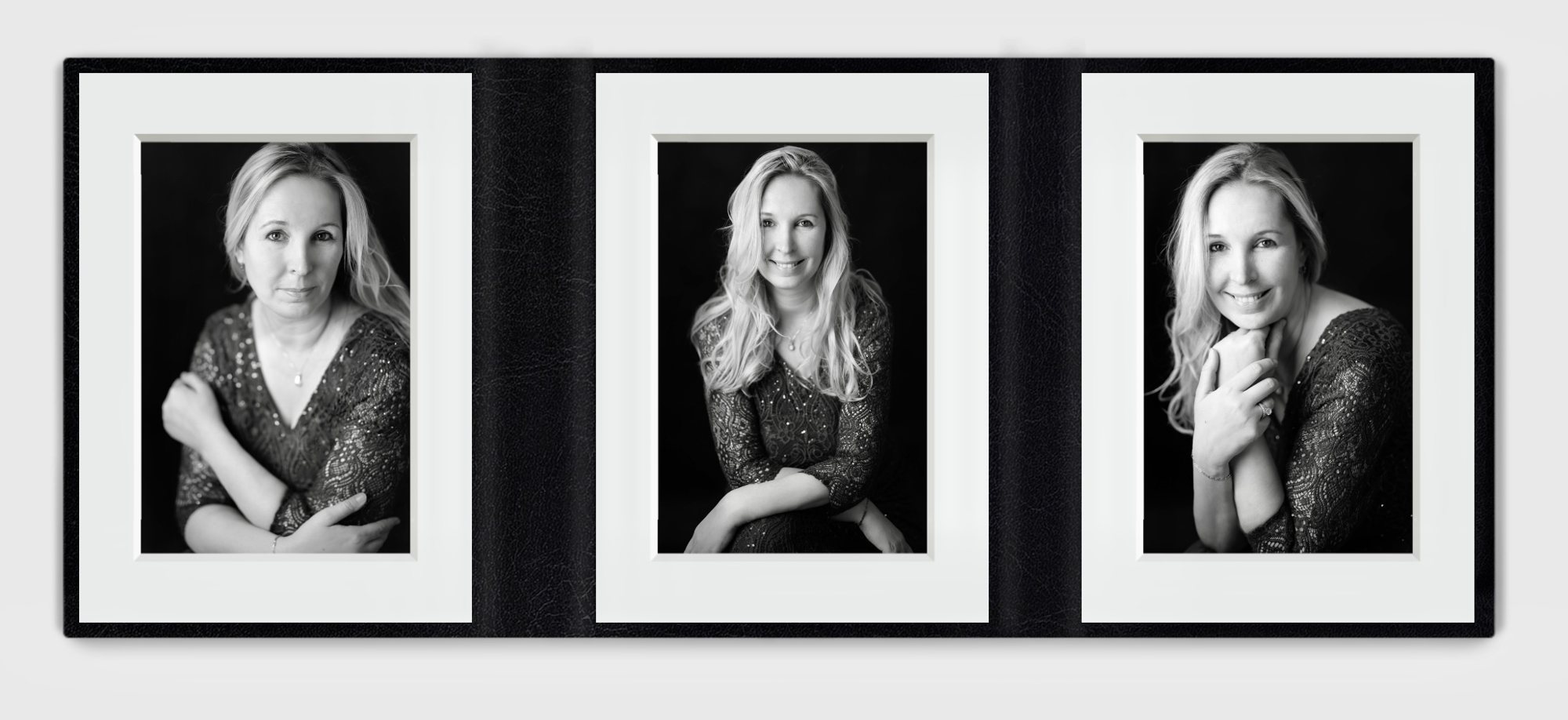 Black frame with three individually matted black-and-white portraits of a woman