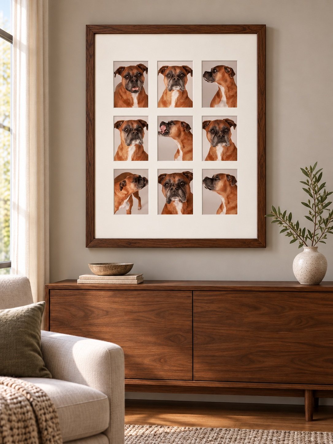 Nine color boxer portraits in a tall dark walnut frame with a wide ivory mat, displayed above a walnut cabinet in a room mockup
