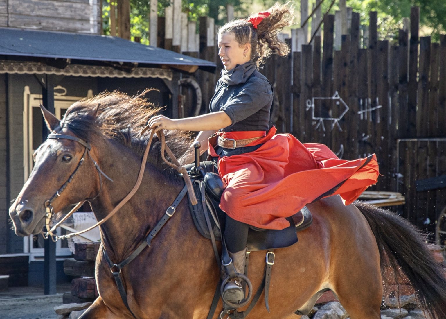 Rider in a flowing red skirt on a brown horse, with her hair and the horse’s mane lifted in motion