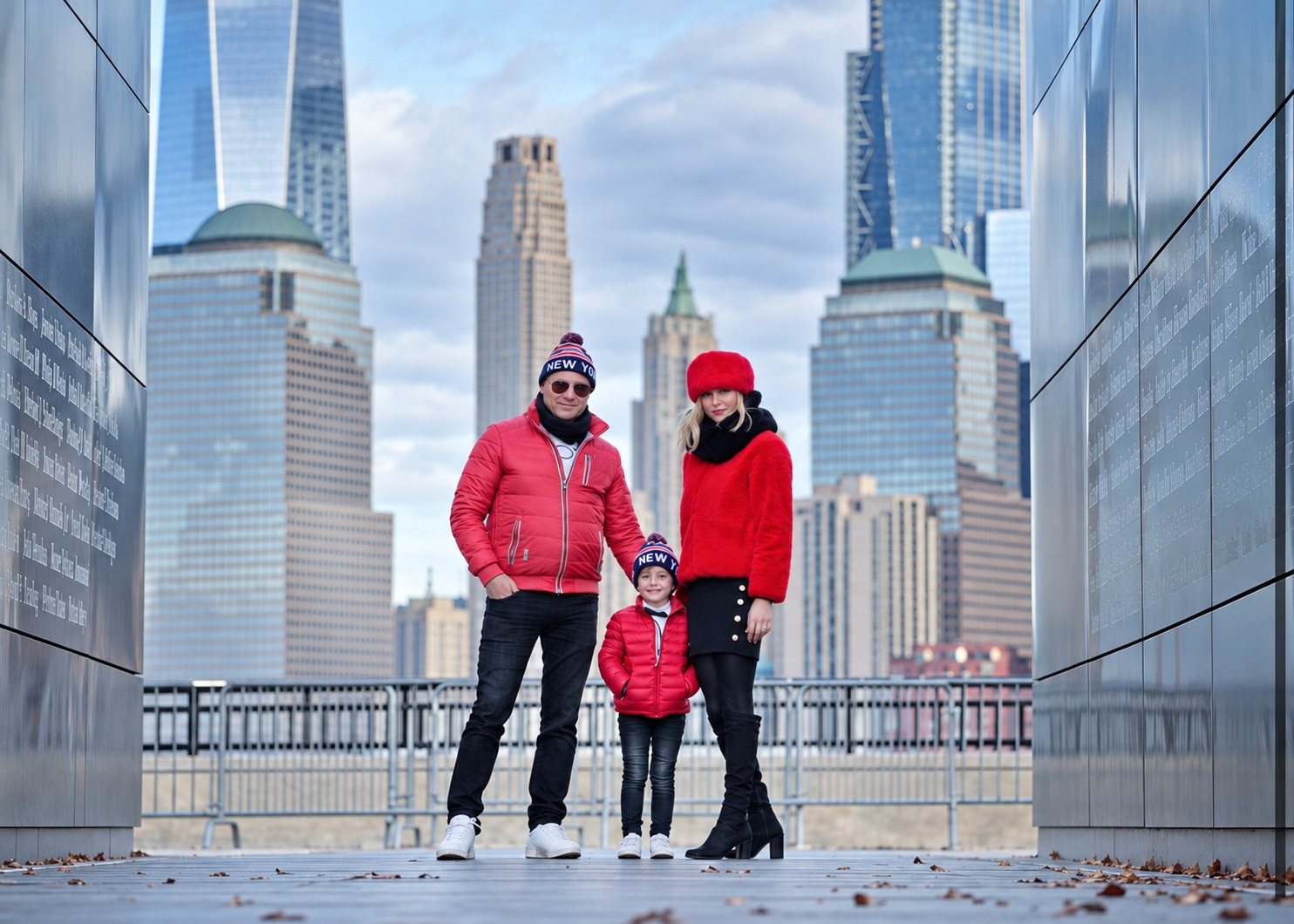 Family of three in red winter clothing between memorial walls, with the Manhattan skyline behind them