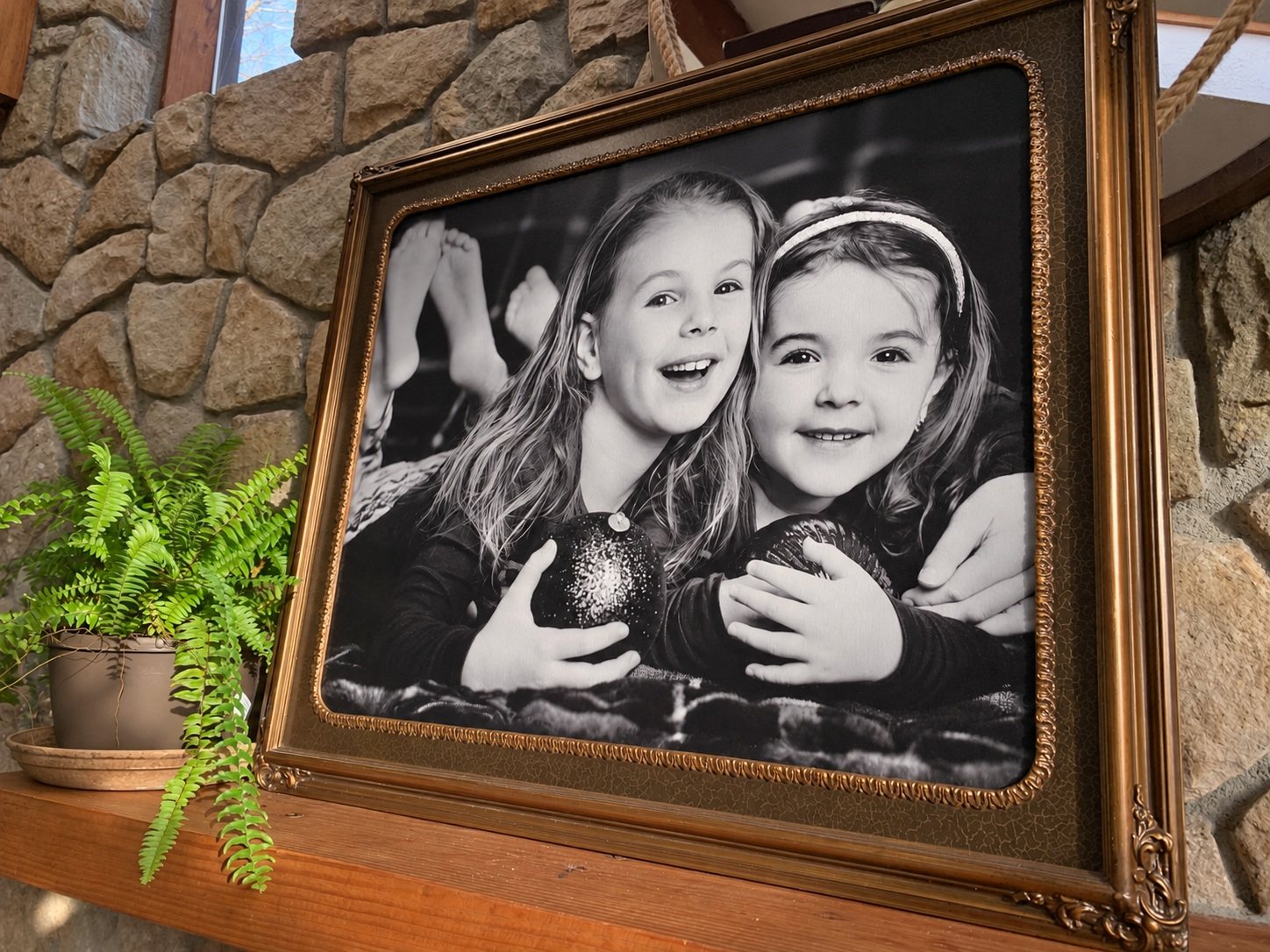 Black-and-white portrait of two sisters in an ornate frame, displayed at home beside a fern