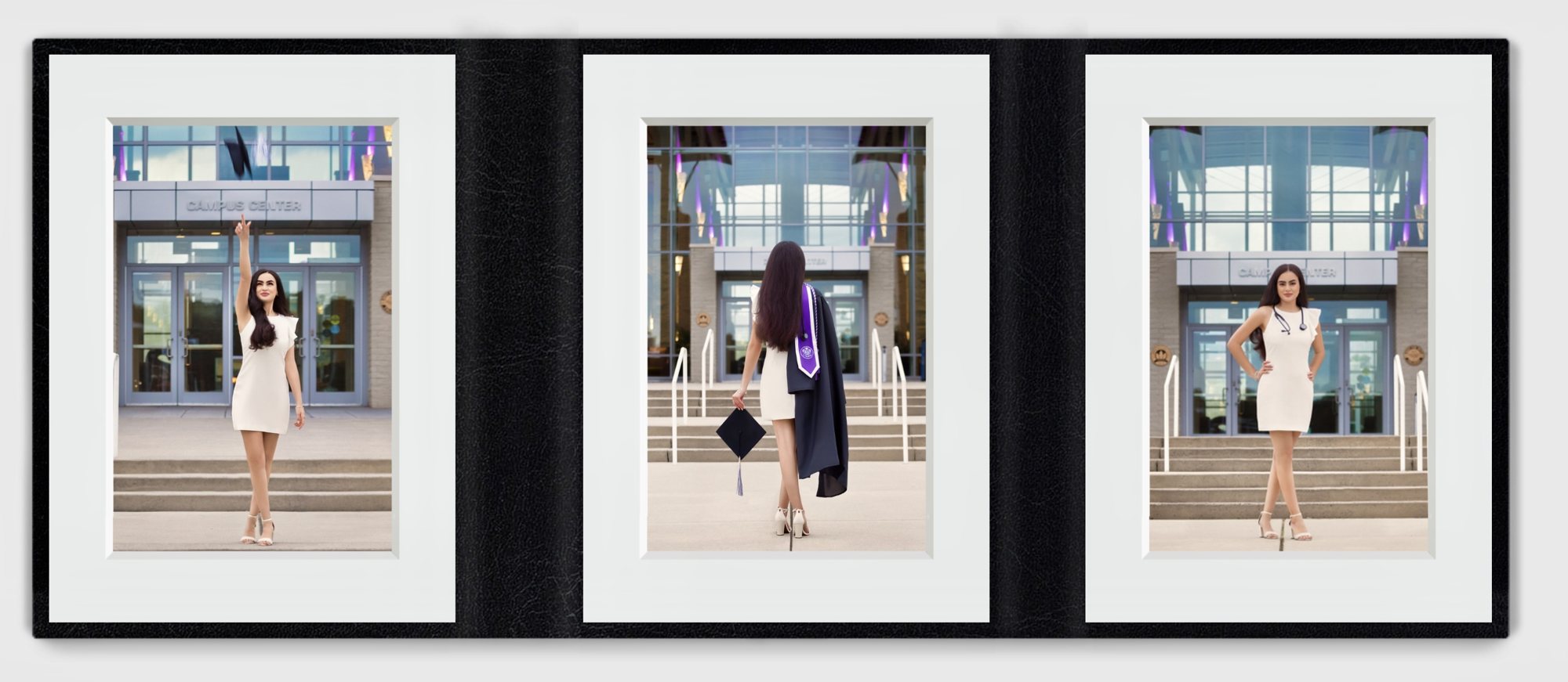 Black frame displaying three individually matted portraits side by side