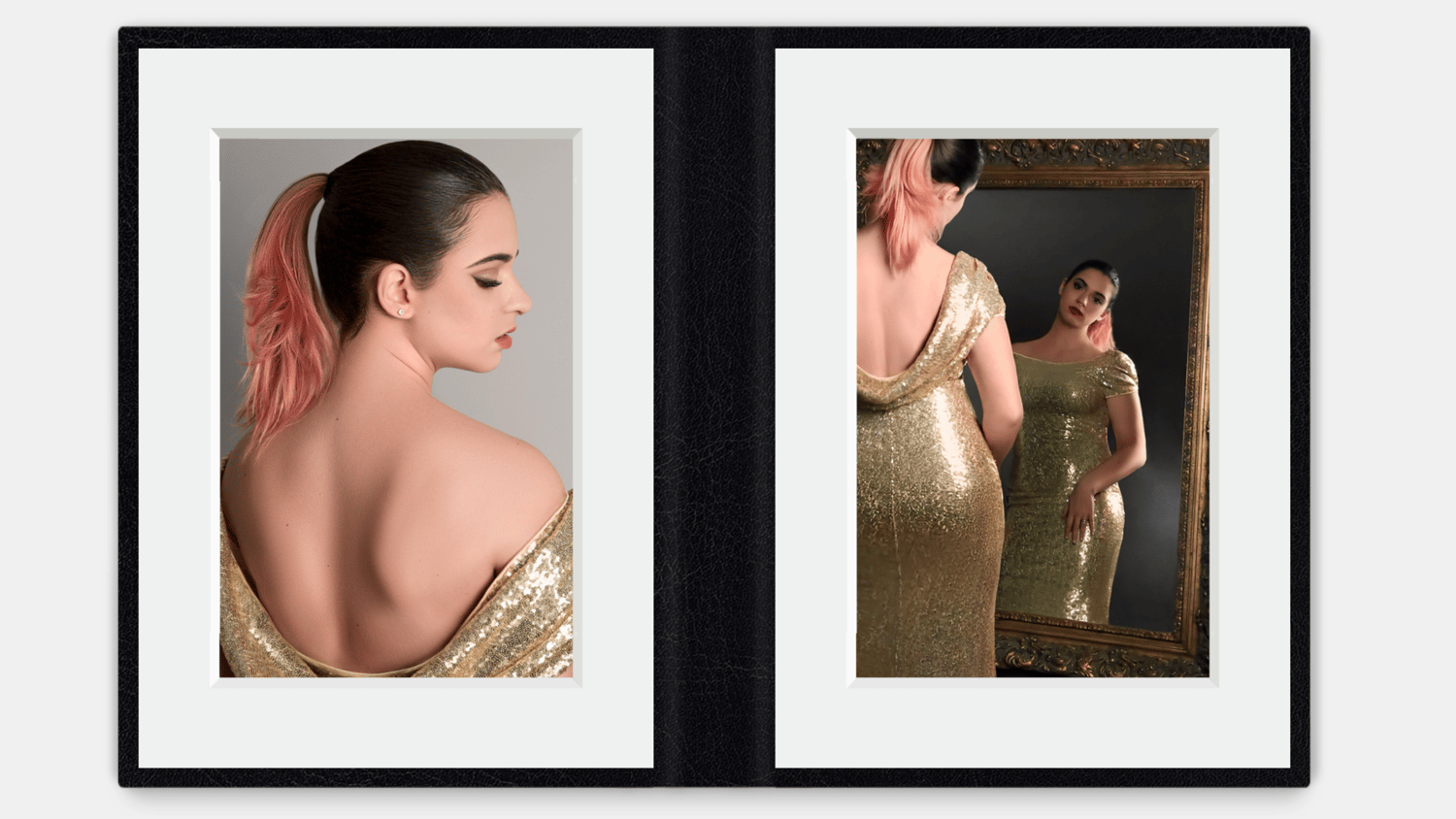 Two matted portraits of a woman in a gold dress displayed in a black folio