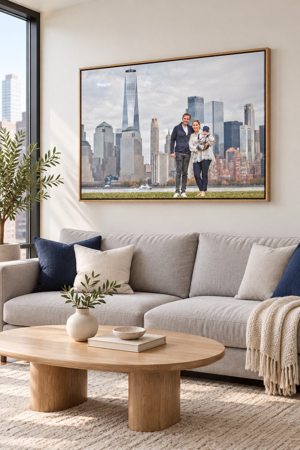 Family portrait with the NYC skyline as a framed canvas in a modern living room