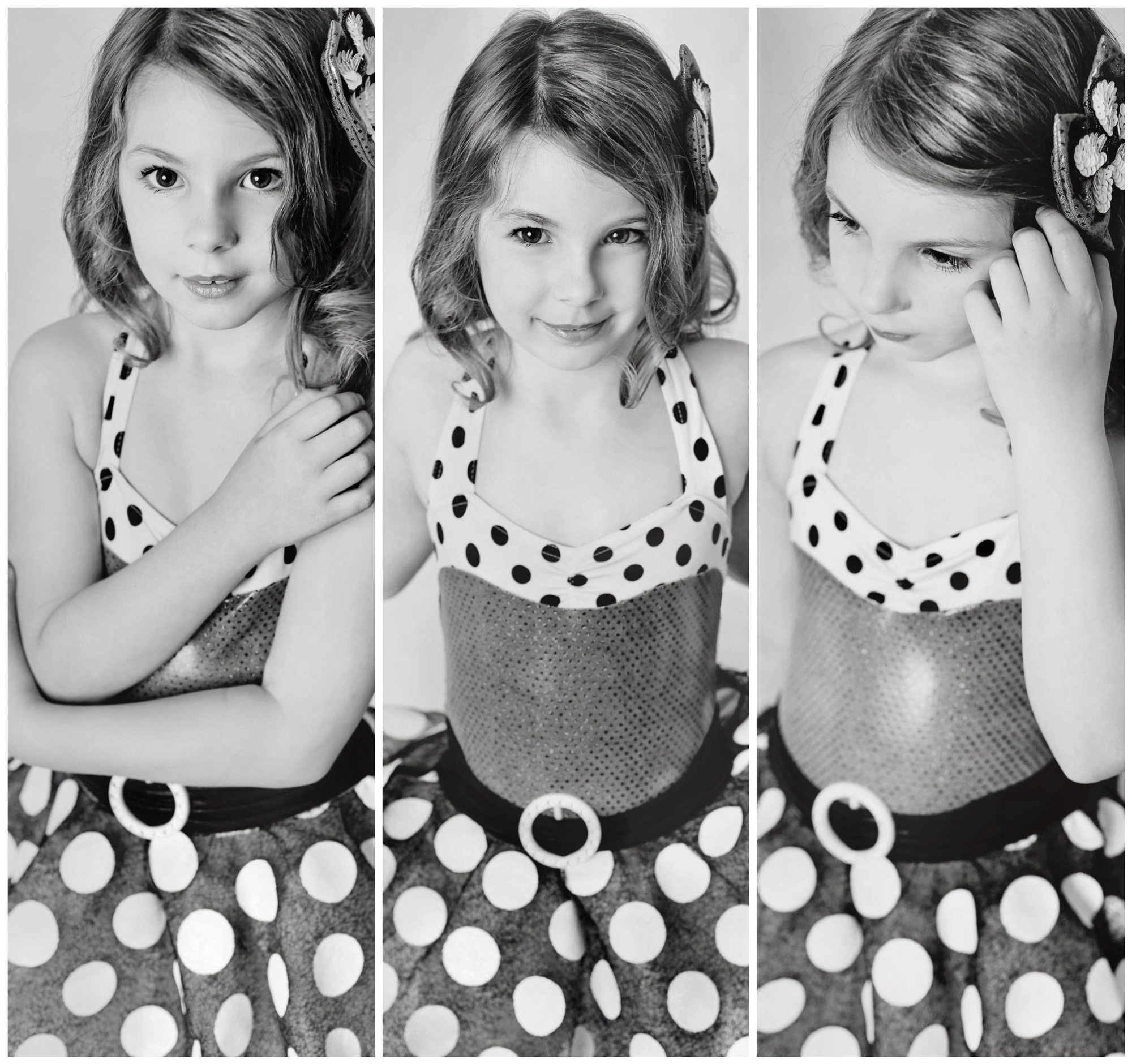 Three black-and-white studio portraits of a girl in a polka-dot dress, looking at the camera, smiling, and looking down
